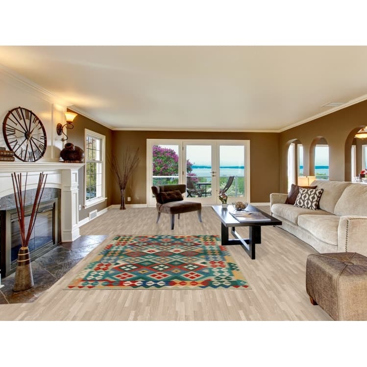 Hand Woven Oriental 100% Wool Carpet Southwestern Geometric Multi-Colored Kilim Area Rug - 8' 3'' X 5' 7''