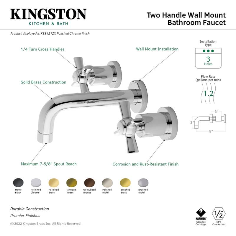 Kingston Brass Millennium Two-Handle 3-Hole Wall Mount Bathroom Faucet