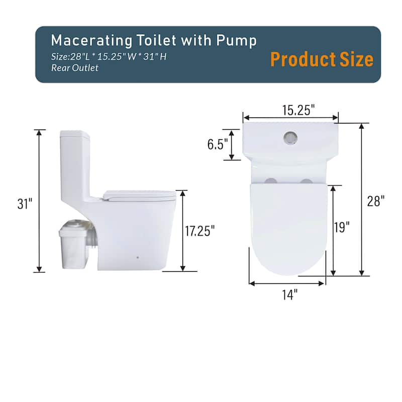 Upflush Toilet,600W Macerating Toilet System,Powerful Dual Flush,Elong 17.25 ADA,Soft-Close,3 Water Inlets to Sink,Shower