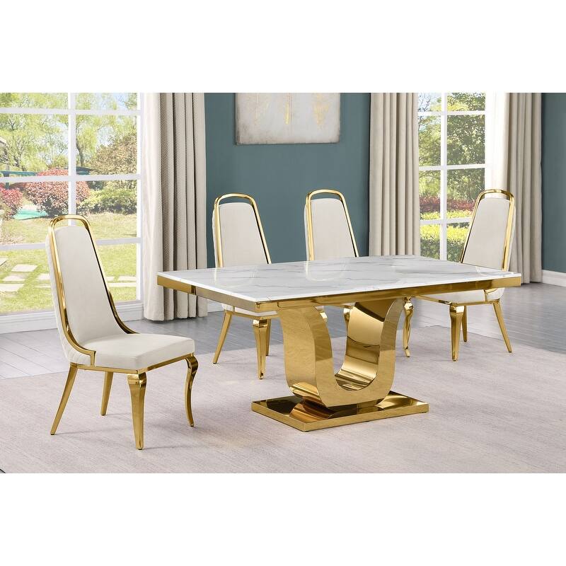 Best Quality Furniture D320-SC314-7 Dining Set with 66" White Marble Top - 5-Piece - Cream / Gold