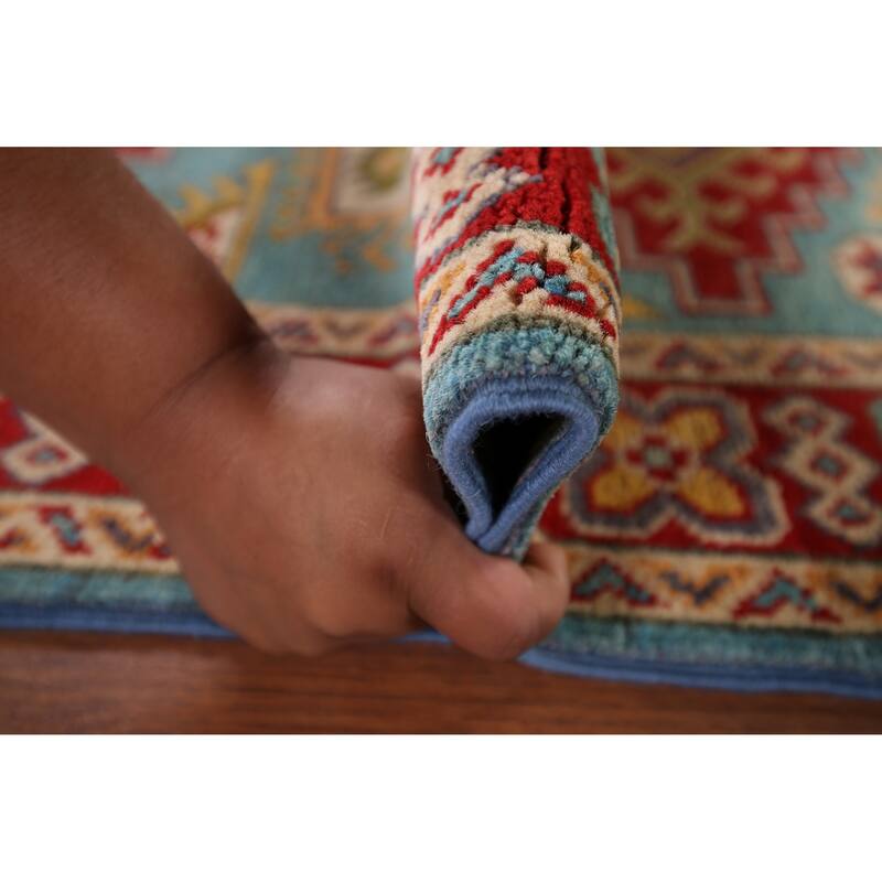Geometric Blue Kazak Oriental Accent Rug Hand-Knotted Wool Carpet - 2'8" x 3'10"