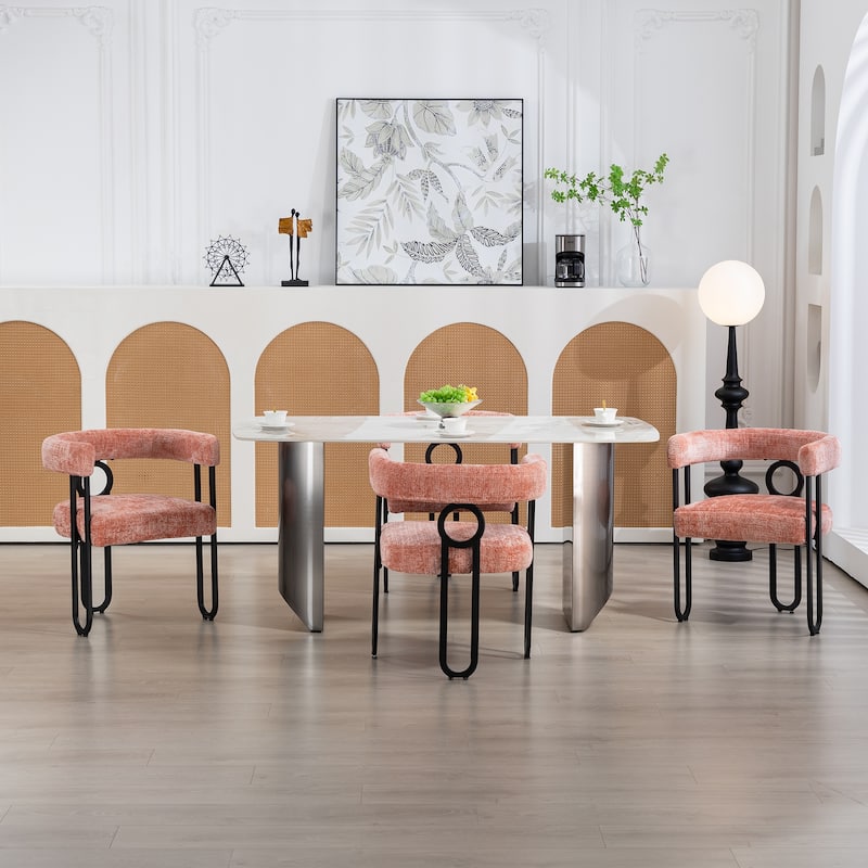 Pink Modern 23.62" Upholstered Barrel Chair with Black Iron Frames for Kitchen (Set of 2)
