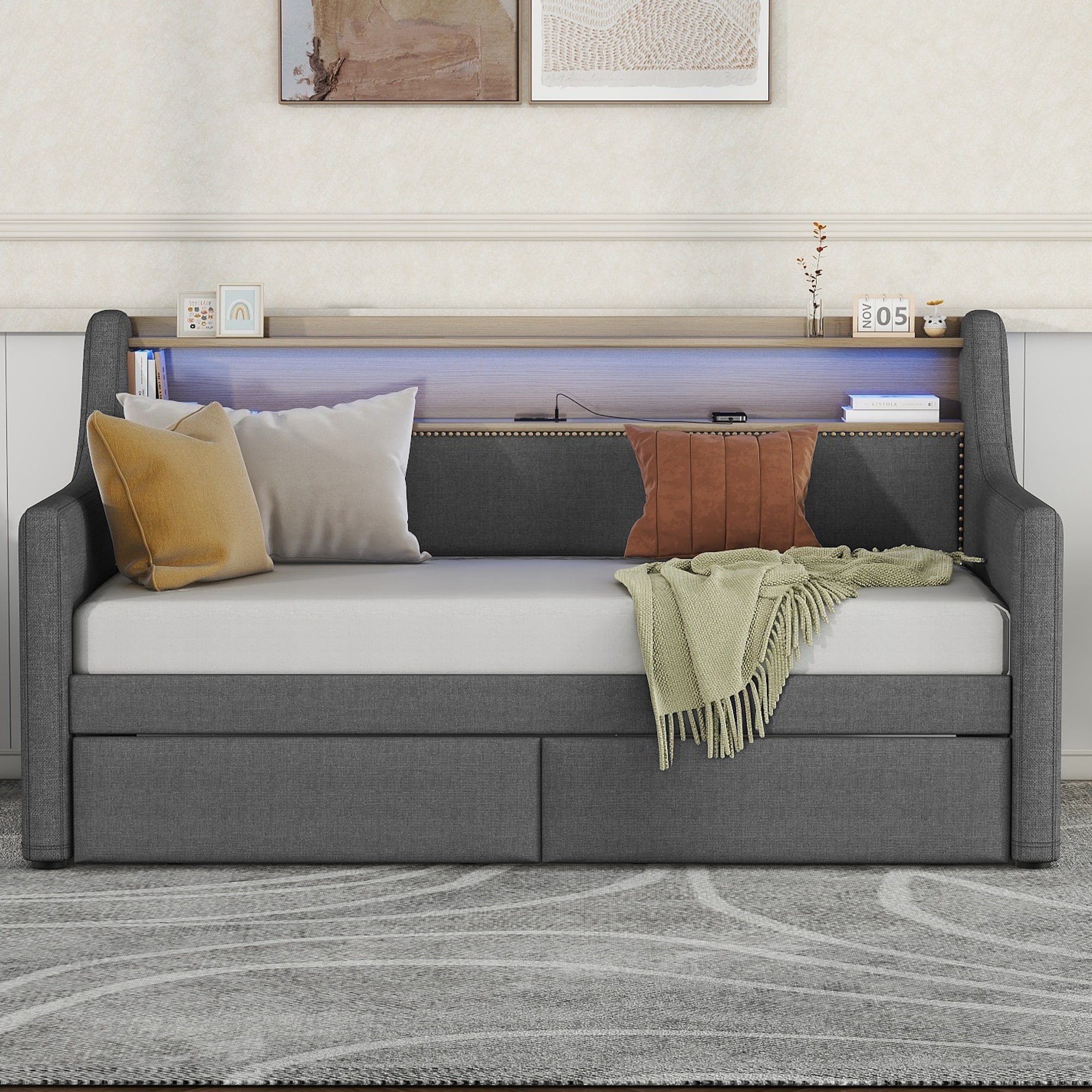 Twin Daybed with Drawers, LED RGB Lights, Charging Station & Storage Headboard, Upholstered PU Leather
