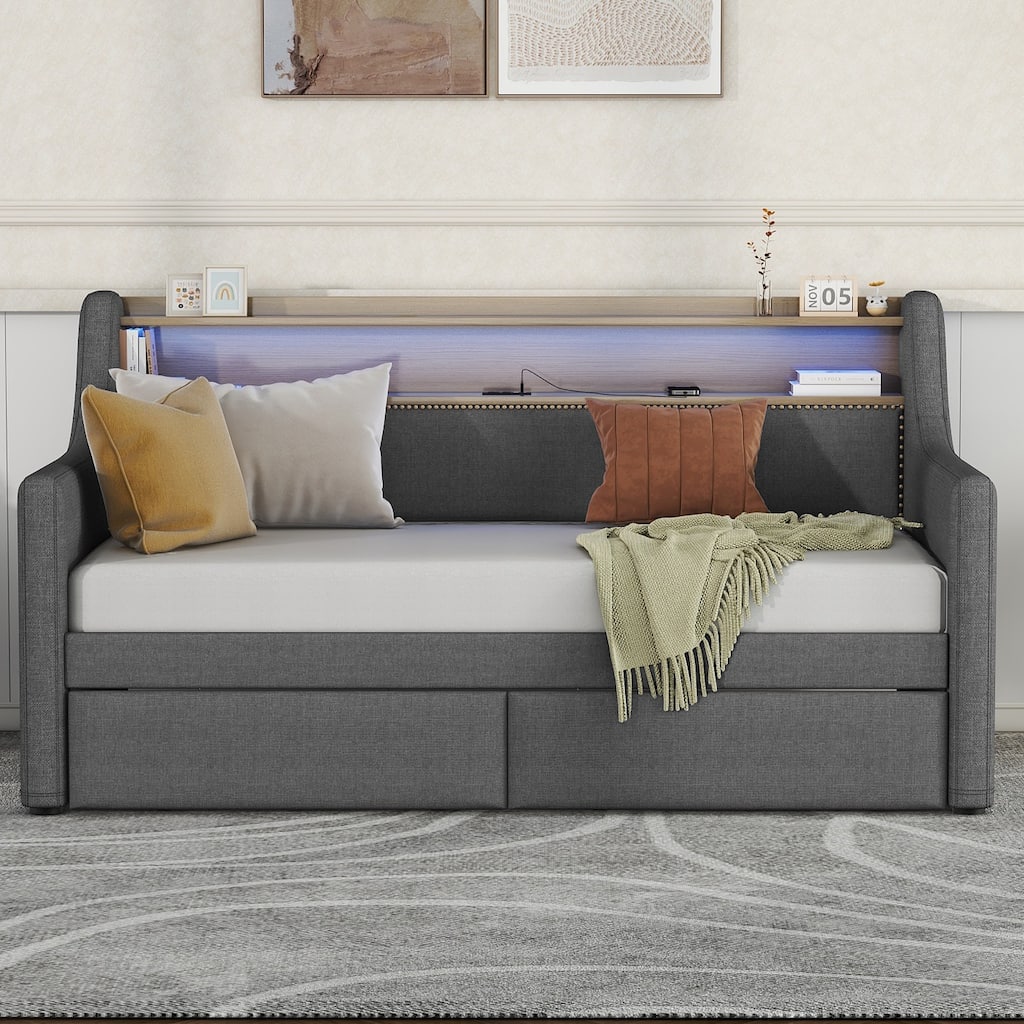 Twin Size Upholstered Daybed with Storage Drawers, Charging Station, and LED Lights, Gray