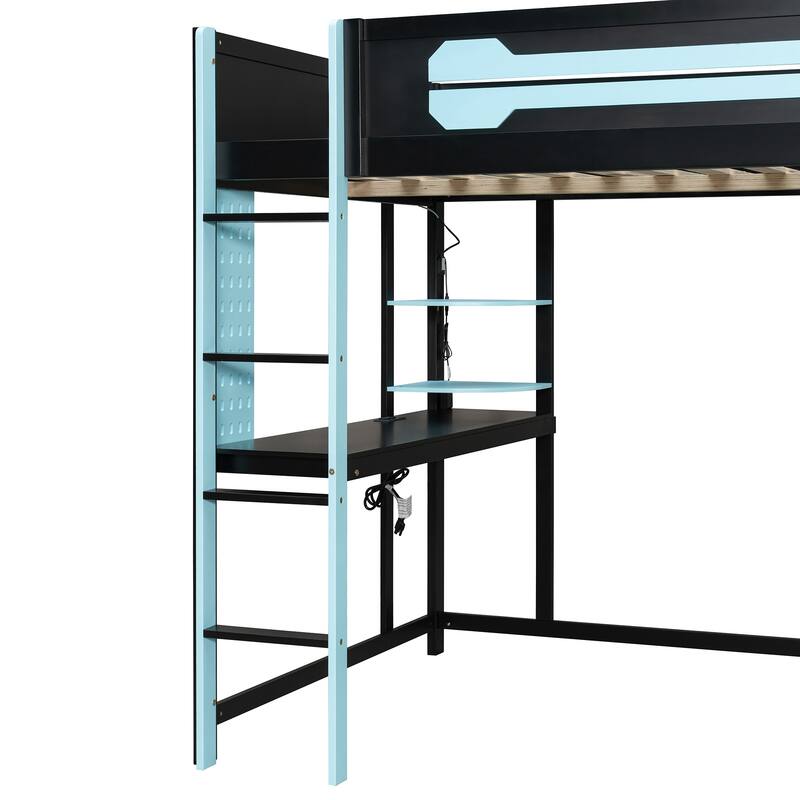 Full Wood Loft Bed with Desk, Open Wardrobe & RGB Lighting