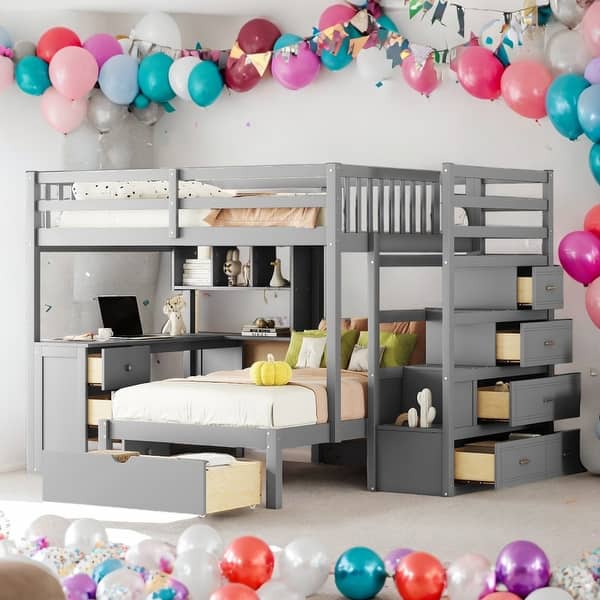 slide 2 of 9, Modern Full Over Twin Bunk Bed With Desk,Drawers and Shelves,Storage-Savy Design