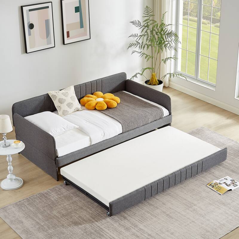 Grey Metal Daybed with Trundle, Twin Size, Space-Saving Design - Grey