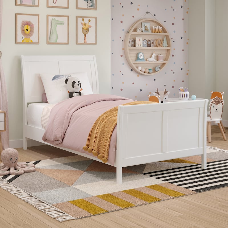 Valencia Solid Wood Low Profile Sleigh Platform Bed with Matching Footboard - White - Twin