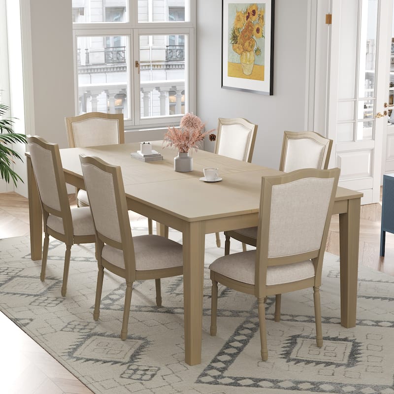 78.1'' Extendable Wood Dining Table Set with Removable Leaf and 6 Upholstered Dining Chairs