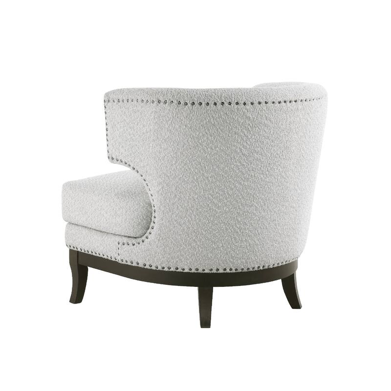 Elly Accent Chair, Barrel Back, Gray Boucle w Nailheads, Brown Wood