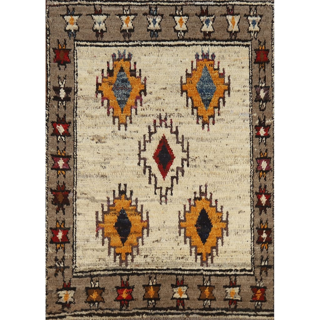 Geometric Moroccan Oriental Rug Handmade Beige Wool Carpet - 4'0" x 5'8"