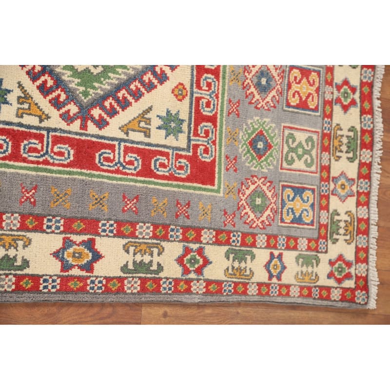 Geometric Grey Kazak Foyer Rug Handmade Wool Carpet - 2'7" x 4'2"