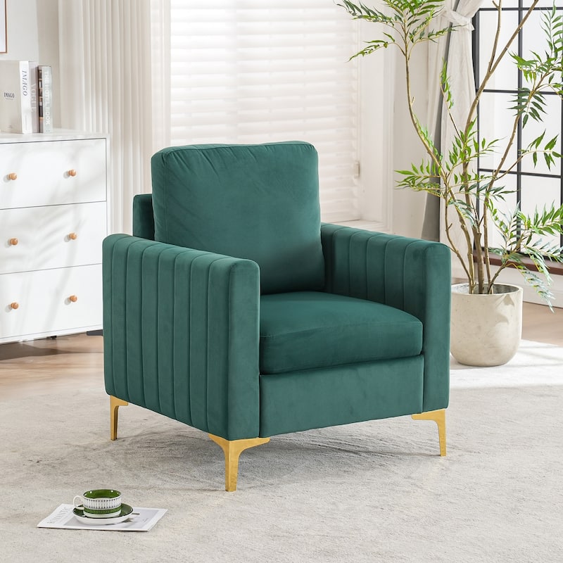 Modern Velvet Accent Chair for Living Room & Bedroom Comfy Reading Armchair with Gold Metal Legs - Gold