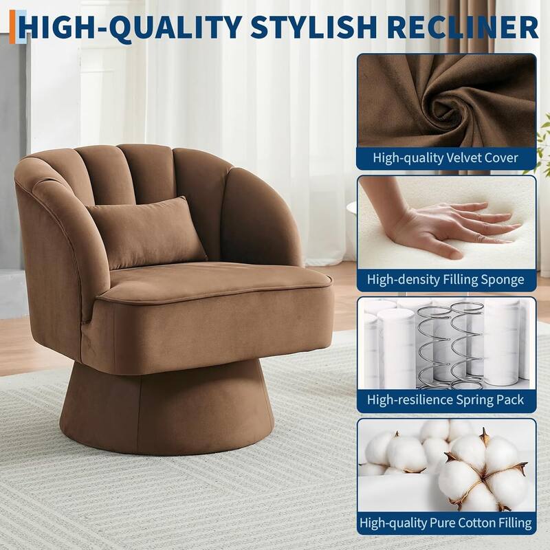 Velvet Upholstered 360° Swivel Accent Chair, Barrel Lounge Chair for Living, Bedroom Reading Nook
