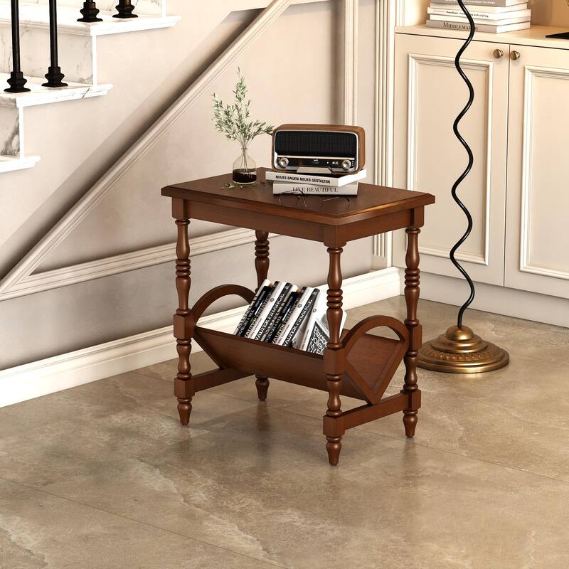 Wooden Side Table Accent Table, End Table Coffee Table with Magazine Rack, Classic Bedside Table with Storage Shelf