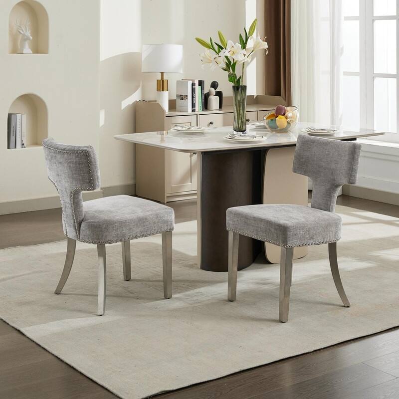 Dining Chairs Set of 2, Farmhouse Chenille Fabric Upholstered Accent Chair Curved Backrest with Copper Nails around - Gray
