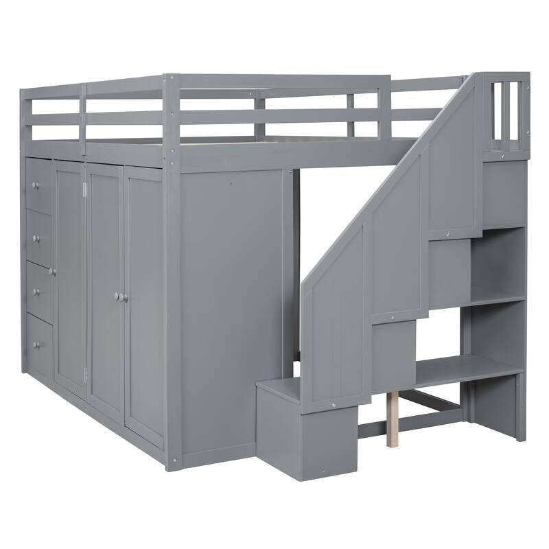 Full Size Gray Wood Loft Bed with Built-in Wardrobes, Cabinets, and Drawers