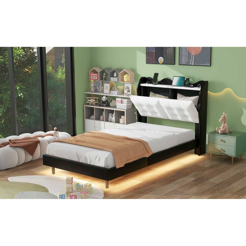 Twin Upholstered Platform Bed with LED Lights, Storage Headboard & USB Ports