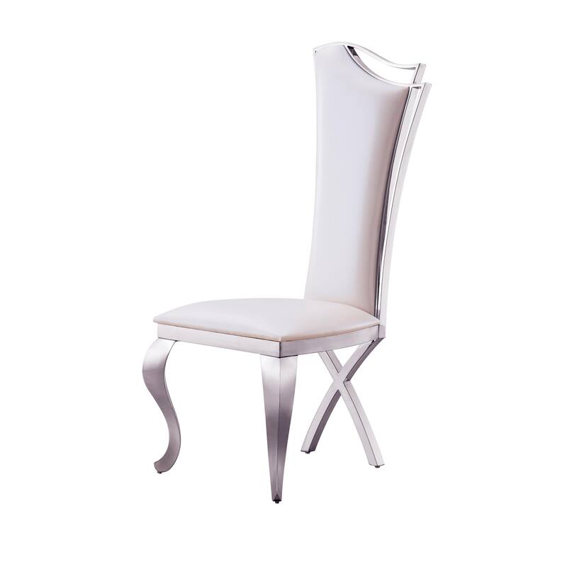 Set of 2 Leatherette/Velvet Unique Design Backrest Dining Chair with Stainless Steel Legs - White and Silver
