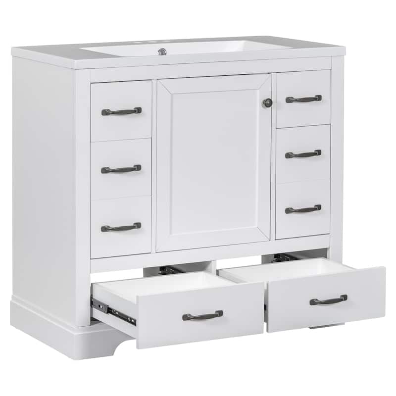 36" Bathroom Wood Storage Vanity Cabinet with Ceramic Sink, 6 Drawers