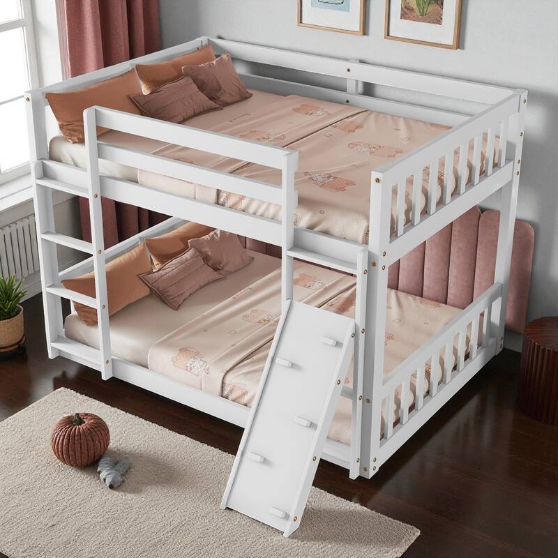 Twin Over Twin Floor Bunk Bed with Climbing Ramp and Ladder, Pine Wood Playhouse Bed with Safety Guardrails for Kids