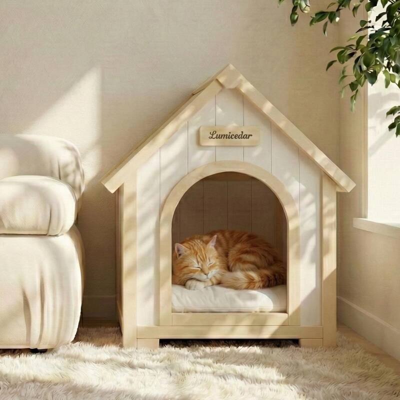 Modern Indoor Wooden Dog House with EVA Cushion, Solid Cedar Pet House for Small Dogs & Cats