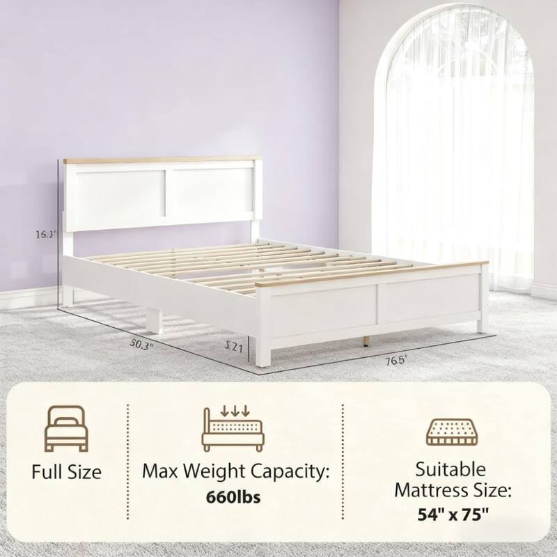 Modern White Full Bed Frame with Headboard, Minimalist Design, 660 lbs Capacity