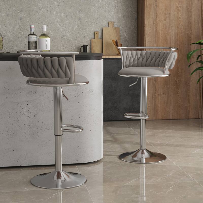 Set of 2 Velvet Adjustable Swivel Bar Stools - Silver/Grey
