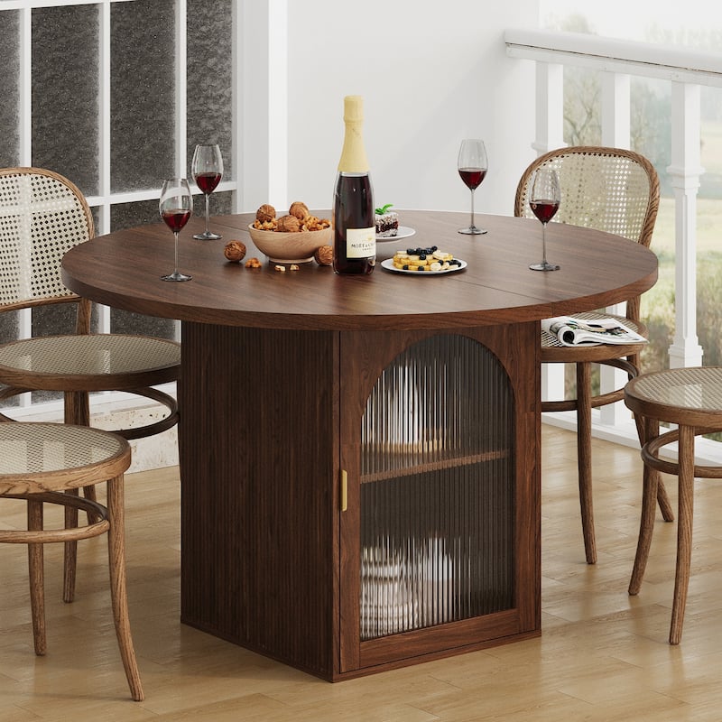 Round Dining Table with Built-In Storage Cabinet, Wood Kitchen Table for 4-6 People, Coffee Table with Ribbed Glass - Walnut
