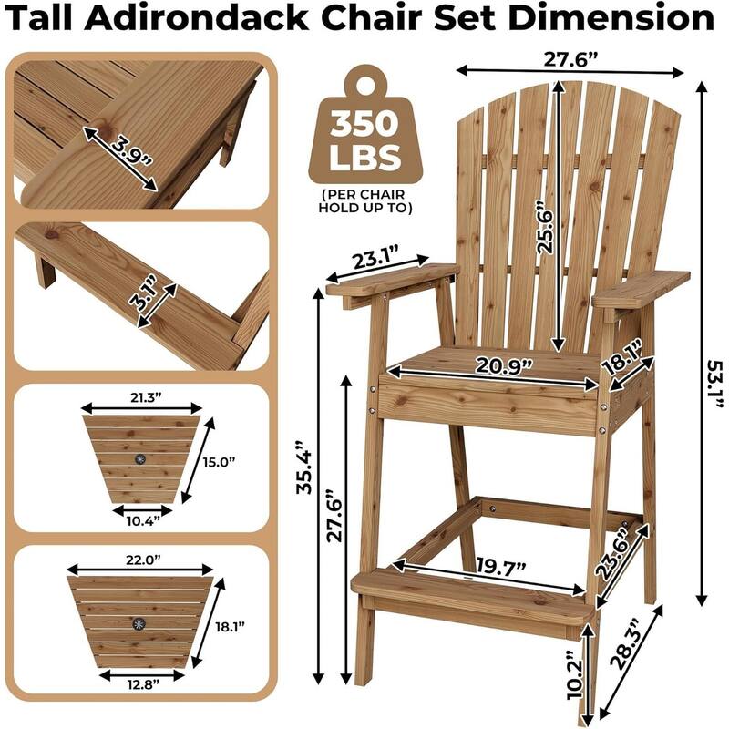 Set of 2 Outdoor Tall Adirondack Chairs Barstools for Deck, Balcony, Backyard, Patio Bar