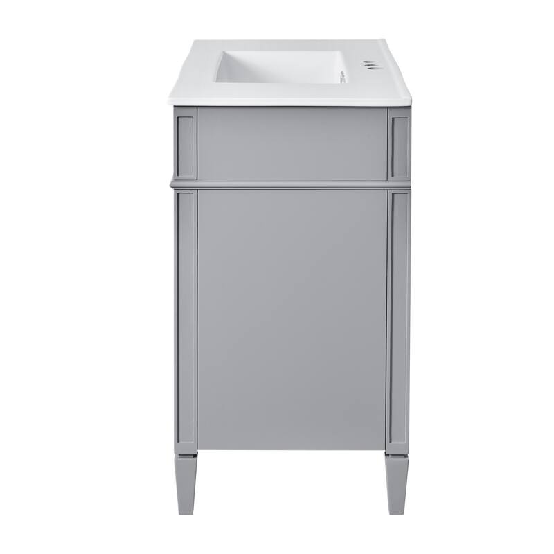 Modern Single Sink Bathroom Vanity Cabinet with Door Rack, Tip-out Drawer, 2 Pull-out Drawers, Metal Knobs and Adjustable Shelf