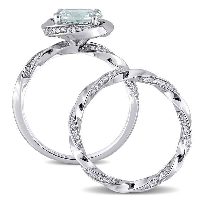 Miadora 10k White Gold Aquamarine and 2/5ct TDW Diamond Halo Swirl Bridal Ring Set