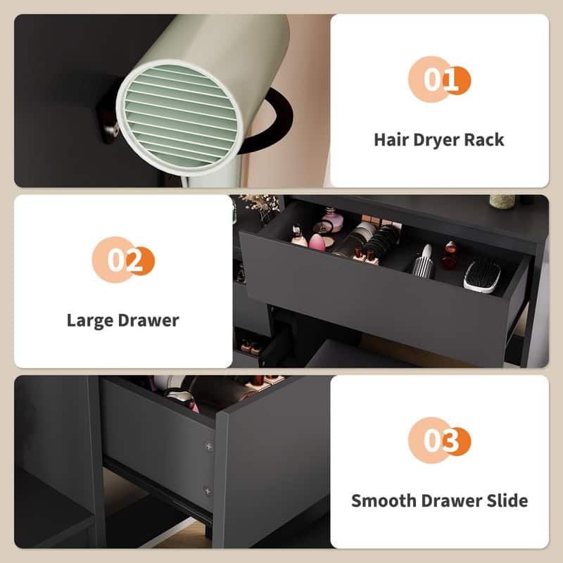 36" LED Vanity Desk with Lights, 4 Drawers & Charging Ports