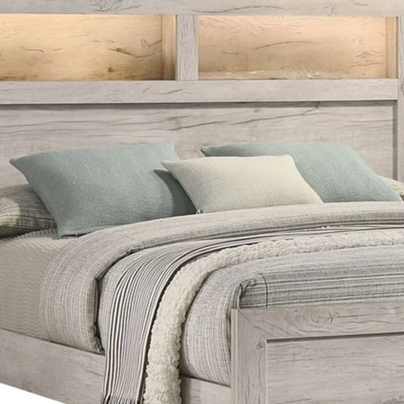 Miot Queen Size Bed w Headboard Shelves, Weathered White Wash Tone