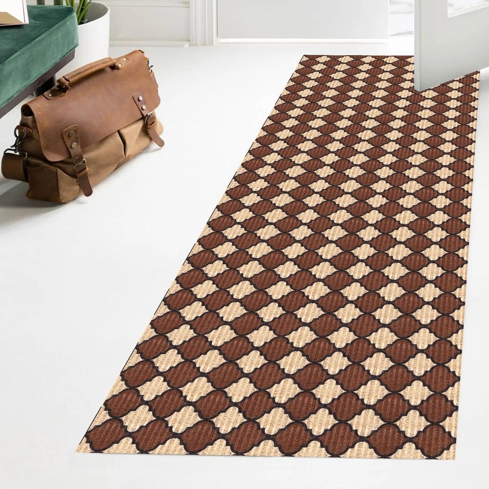Indoor/Outdoor Custom Size Low Profile Runner Rug with Non-Slip PVC Backing - Water Resistant-Black-Brown-Beige Color-Trellis