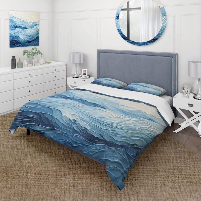 Designart "Blue and white modern waves of the Coast I" Coastal Minimalism Traditional Bedding Cover Set with Shams