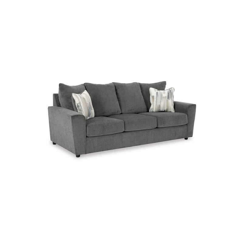 Ratty Sofa, 86 Inch Gray Polyester, Welt Trims, 2 Accent Pillows
