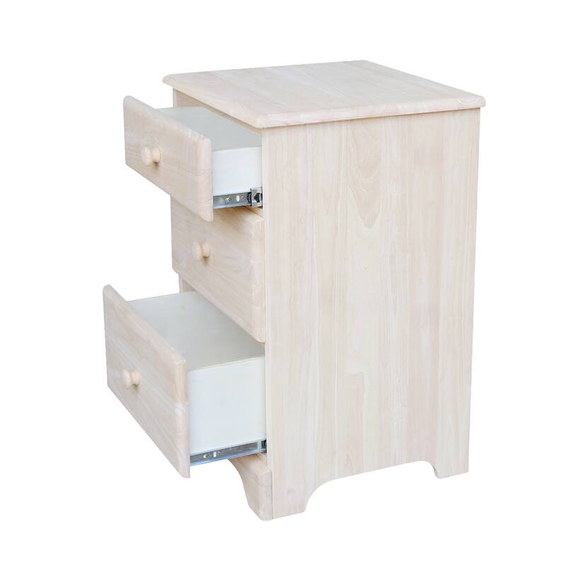 International Concepts Solid Wood 3-Drawer Nightstand, Wide Unfinished Ready to Finish Bedside Chest with Tiered Storage Drawers