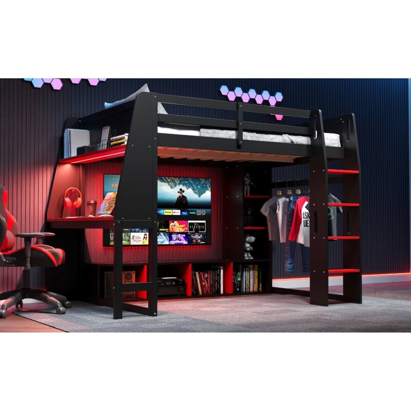 Roomfitters Twin/Full Gaming Loft Bed with Desk, Hanging Rack and LED Lights, Black and Red