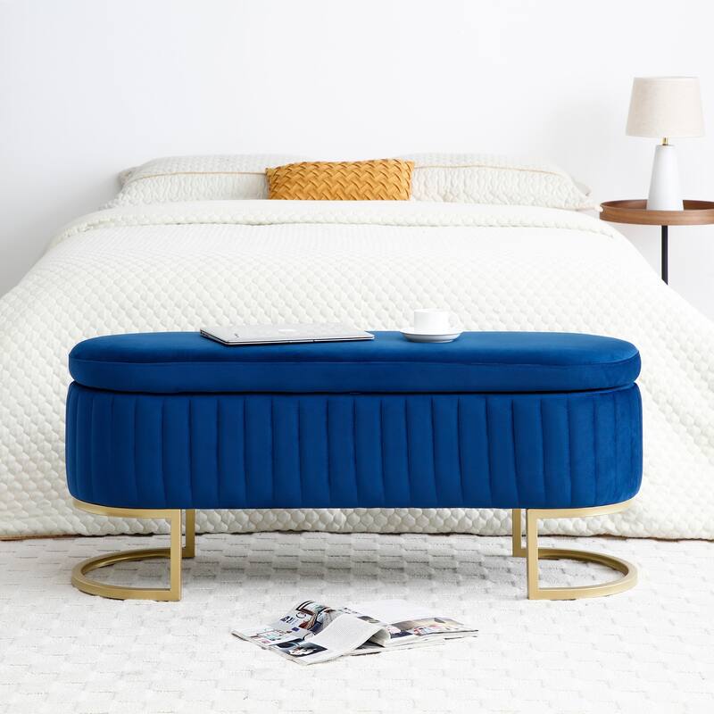 Storage Bench Bedroom Bench, Velvet Oval Upholstered End of Bed Bench with Golden Metal Legs, 50" Storage Ottoman Bench