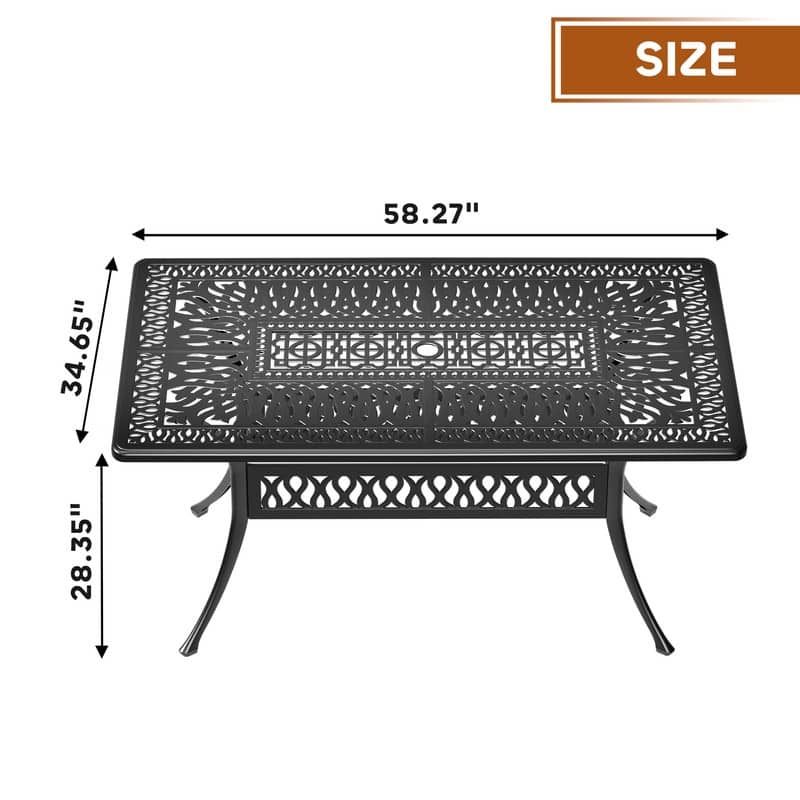 58.27" x 34.65" Outdoor Patio Rectangular Cast Aluminum Dining Table with Umbrella Hole for 6 Person