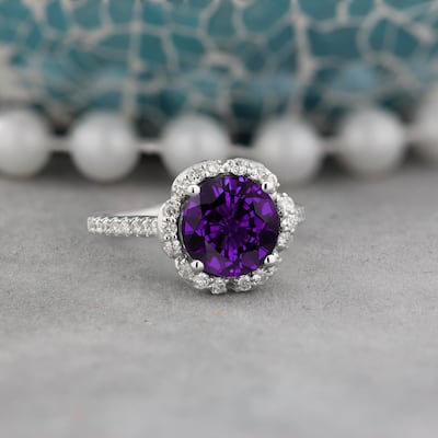 Auriya Vintage 1 7/8ct Fancy Purple Amethyst and Halo Diamond Engagement Ring 3/8ct Fancy 14k Gold