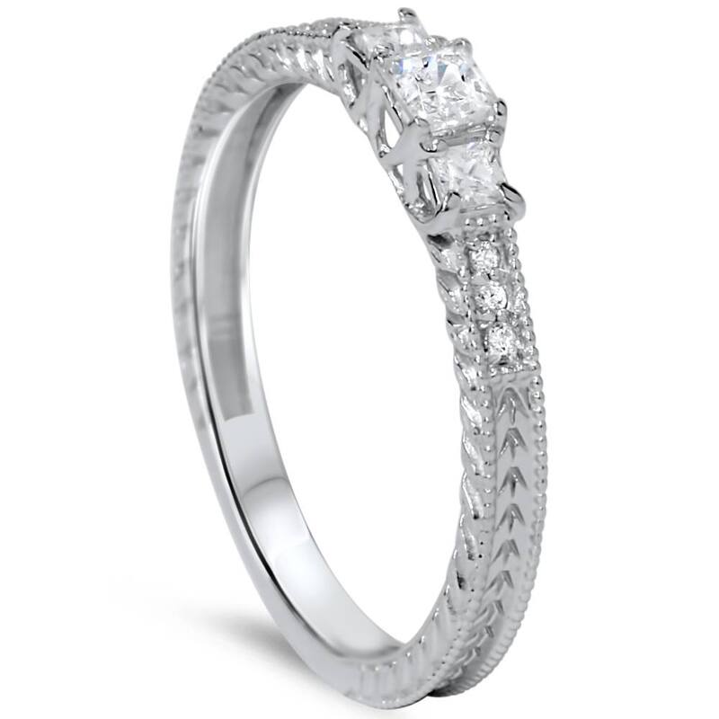 1/4ct Vintage Three Stone Princess Cut Diamond Engagement Ring White Gold