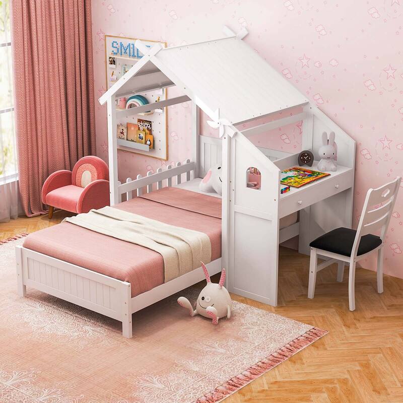 Teens Twin Bed w/ Desk Chair 2 Drawers Windmill Fence & Headboard