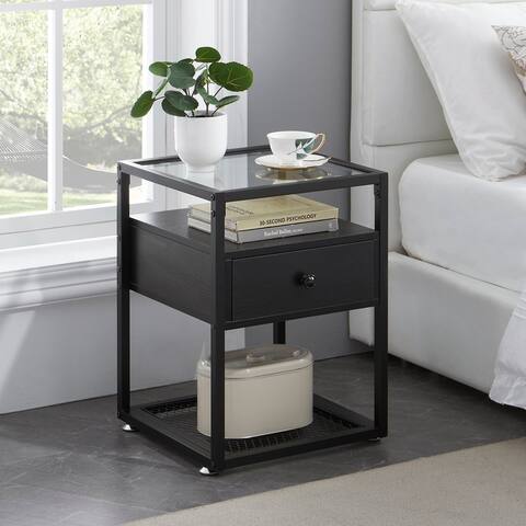 VECELO Modern 1-Drawer Nightstands with Tempered Glass Top