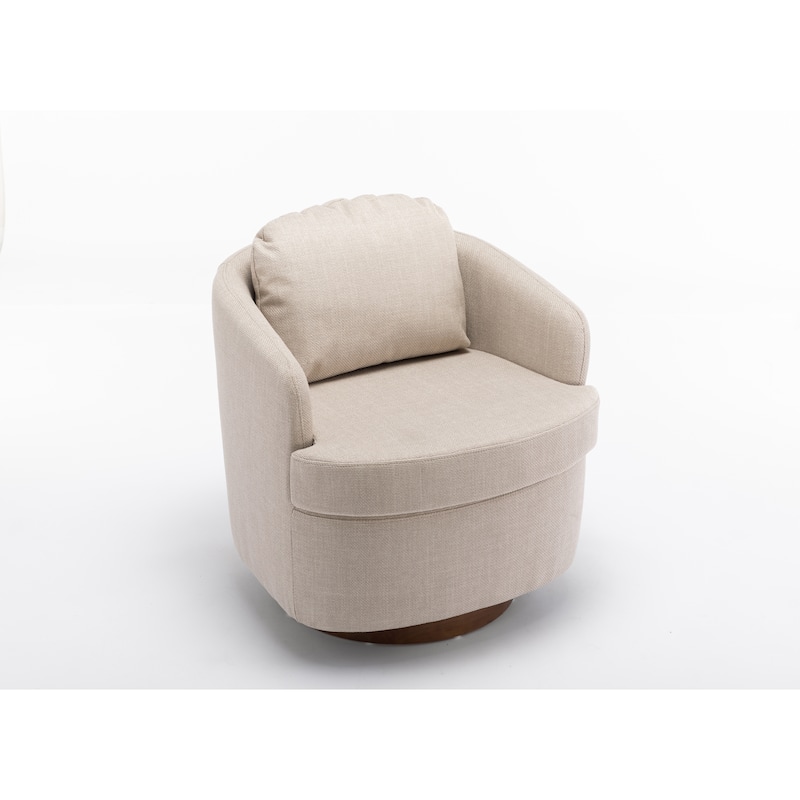 Linen Fabric Swivel Accent Chair With Soild Wood Round Brown Base Leg