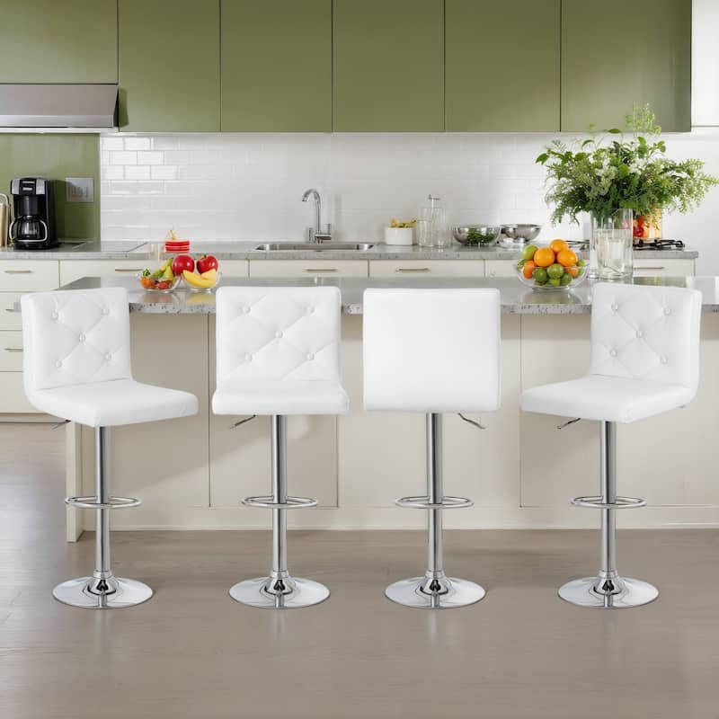 Javlergo 4 Pack 360° Swivel Bar Stools Adjustable PU Leather Stools with Diamond Tufted Back Curved Footrest - White