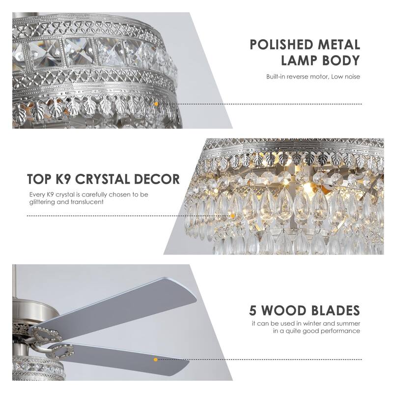 52 Inches Crystal Ceiling Fan Light,APP and Remote Control,5 Dual Side Plywood Blades,Reversible AC Motor - 52 Inches