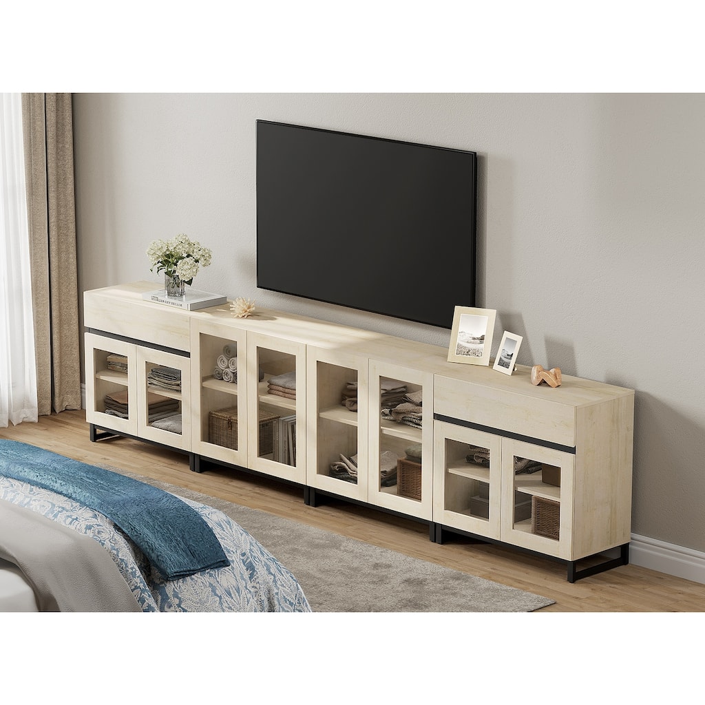4-in-1 TV Stand for 120" TVs, Modern Console with Glass Doors & 2 Drawers