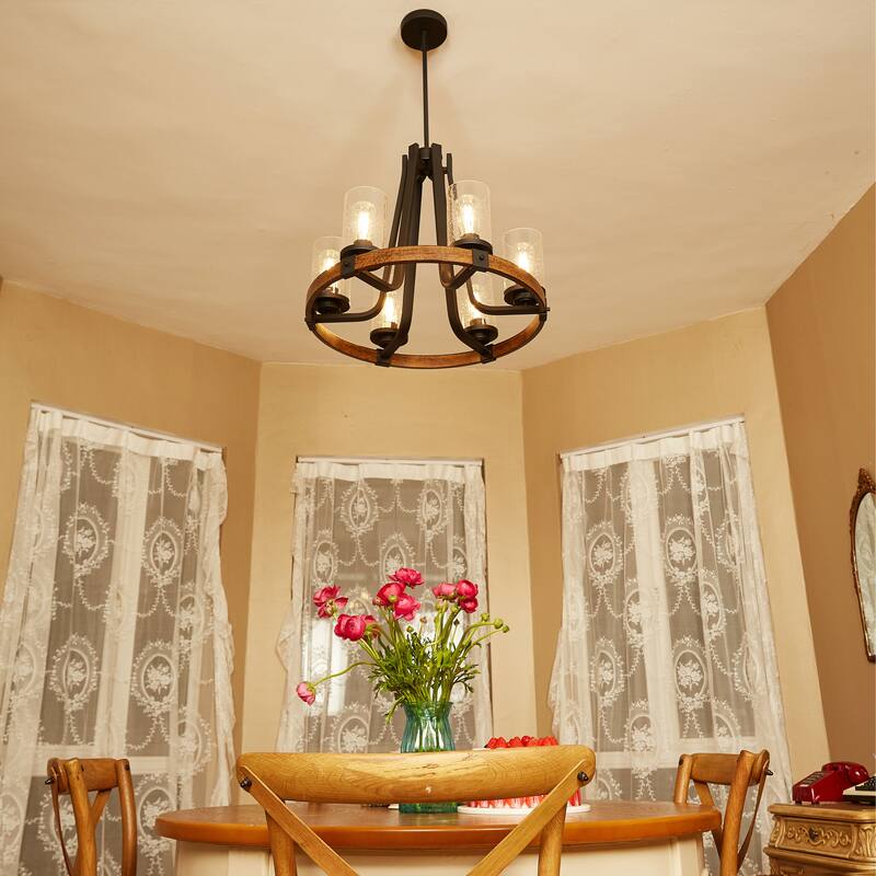 6 Light Shaded Wagon Wheel Chandelier - 24.23"x32.31"